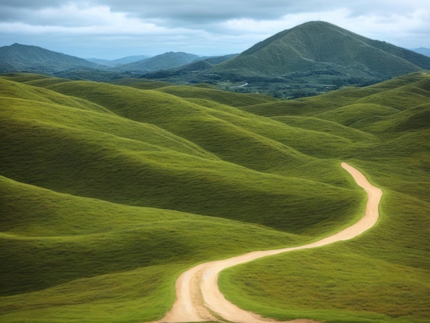 A dirt road leads to a mountain range.