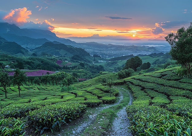 Photo a dirt road leads to a tea plantation with a sunset in the background