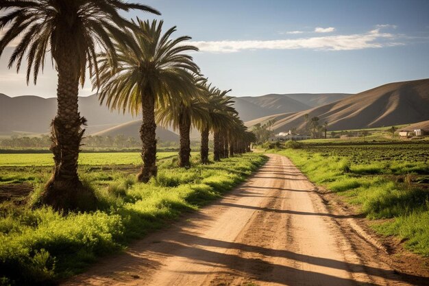 Photo a dirt road lined with palm trees next to a lush green field