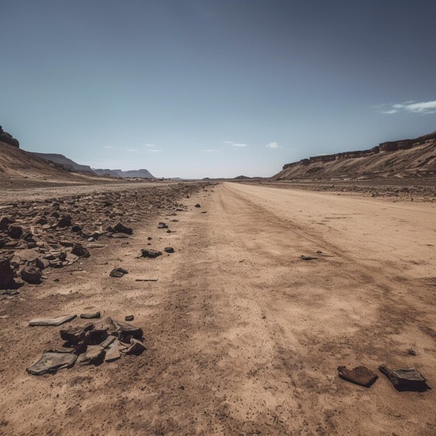 Foto strada di terra in mezzo a un deserto con rocce e rocce generative ai