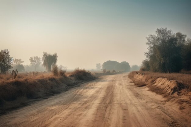 Photo a dirt road in the middle of a field generative ai