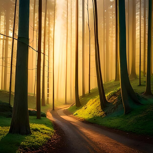 A dirt road in the middle of a forest flickering light sunrays shine upon it