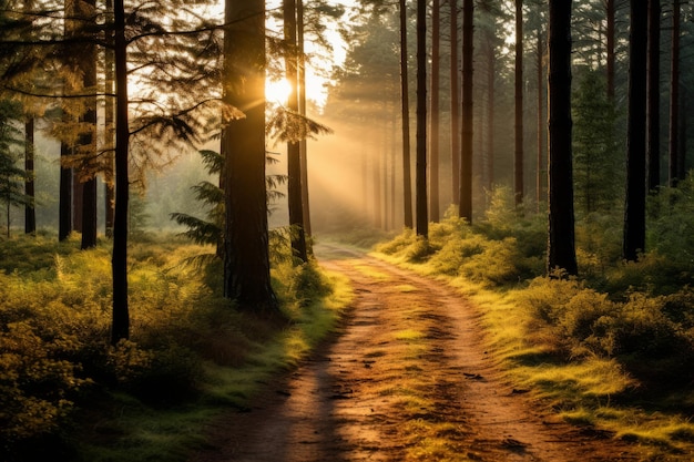 a dirt road in the middle of a forest at sunrise