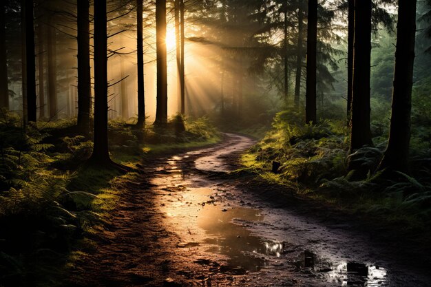 a dirt road in the middle of a forest at sunrise