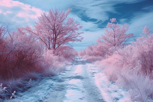 Foto una strada di terra in mezzo a un campo coperto di neve