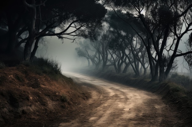 Dirt road in the misty forest Toned image An early morning elevated shot of a dirt road winding through overgrown brush AI Generated