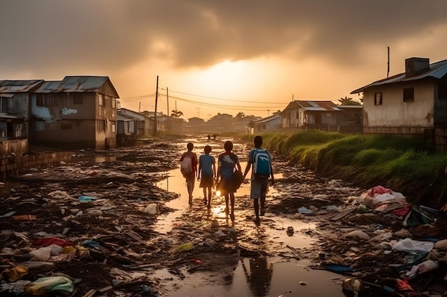 Dirt road on the street in Africa children are walking Neural network AI generated