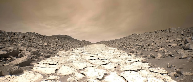 砂漠 の 乾燥 し た 景色 を 横断 し て 広がっ て いる 泥道