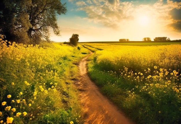 Dirt road and sunshine in a field of green flowers