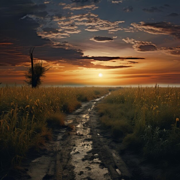 a dirt road through a field of grass and a sunset