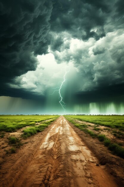 A dirt road through a grassy plain during a thunderstorm