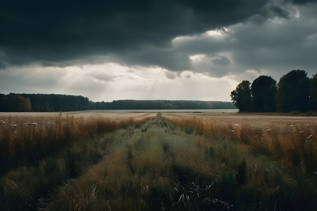 Dirt road through the wheat field and dark stormy sky