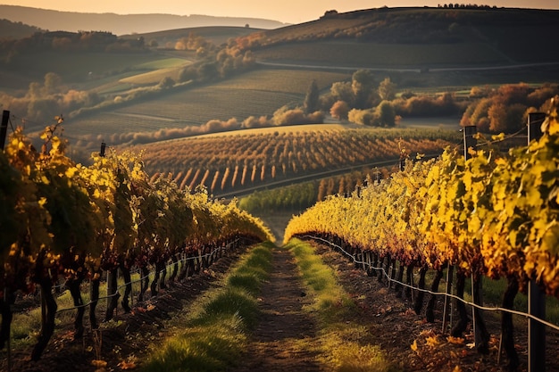 A dirt road between two rows of grape vines in a vineyard The vines are yellow and green and the pathway is surrounded by trees and hills in the background