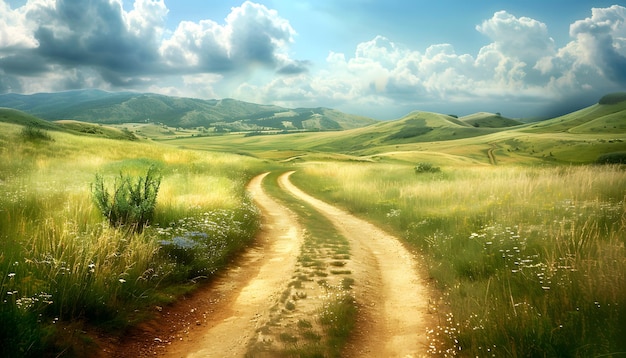 A dirt road winds through a grassy field with mountains in the background