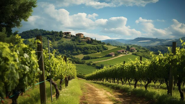 Photo a dirt road with a fence and a vineyard in the background