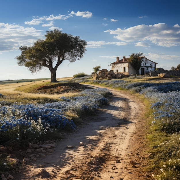 Foto una strada sterrata con una casa e un albero sullo sfondo