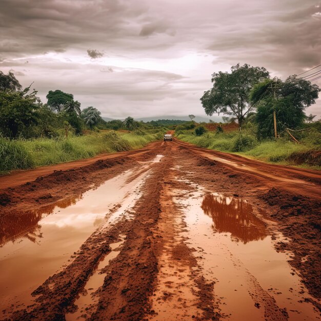 a dirt road with a jeep driving through it