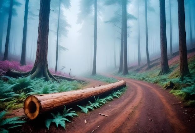 a dirt road with a log in the middle of it and a log in the middle of the road