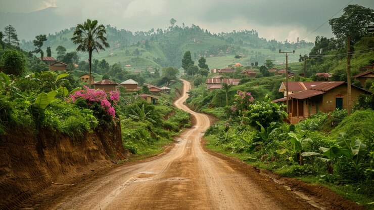 Photo a dirt road with a mountain in the background