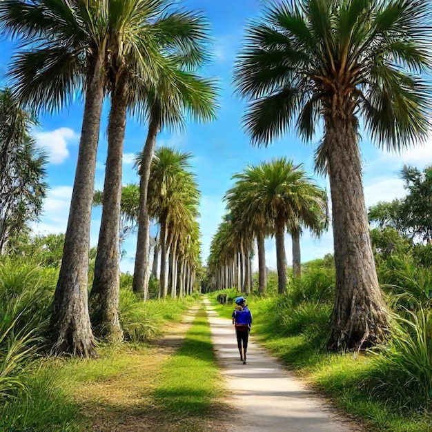 Foto una strada di terra con palme e una donna che cammina giù