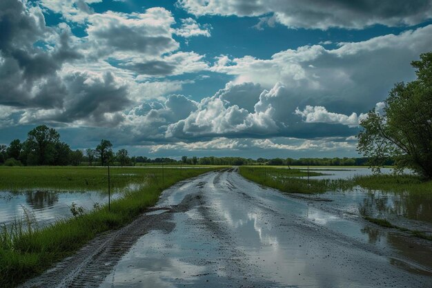 a dirt road with a puddle of water on the side of it