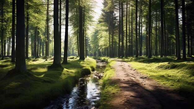 a dirt road with a stream running through it and a stream running through it