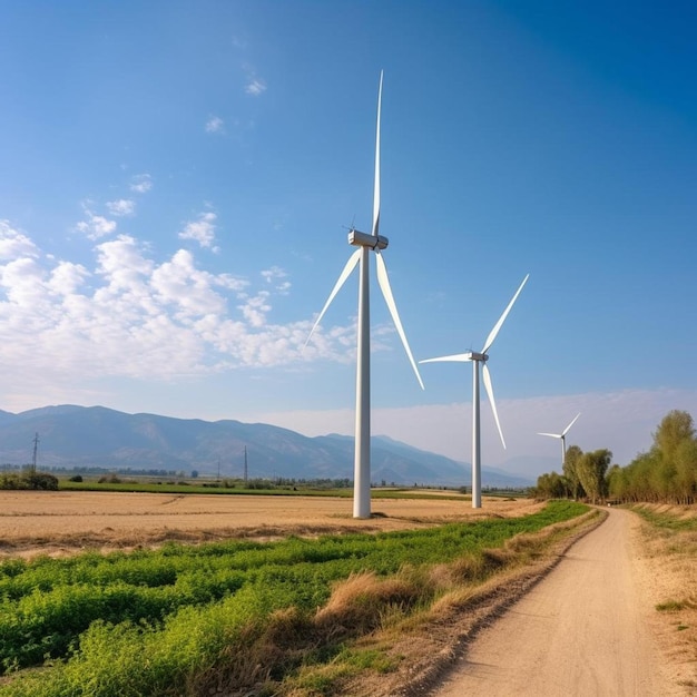 a dirt road with wind turbines in the background