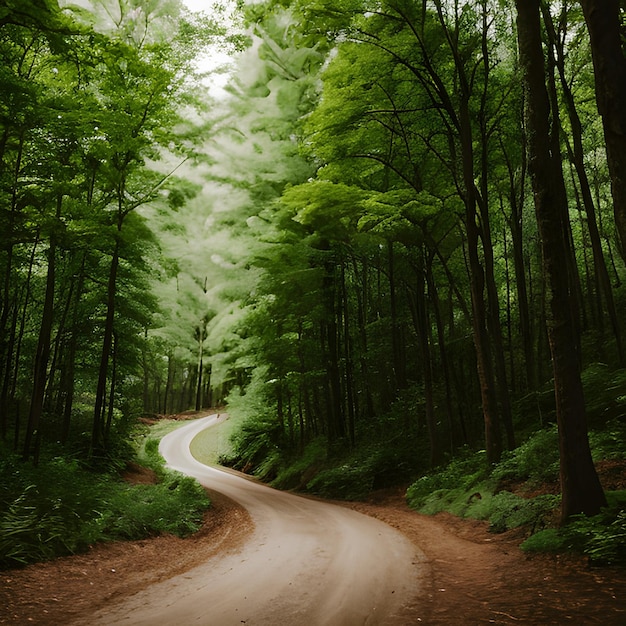 森の中に未舗装の道路があり、途中に未舗装の道路があります。