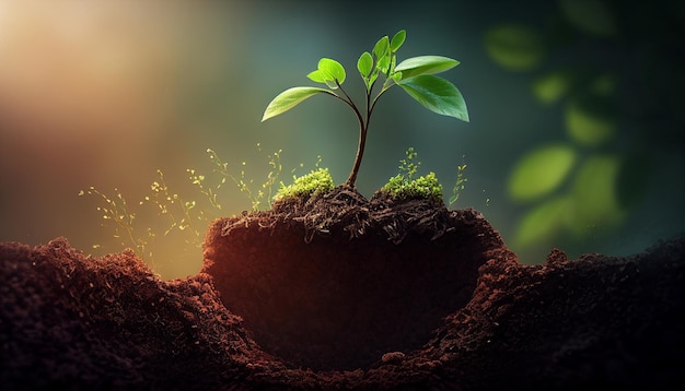Dirt and sapling against a blurry green natural background Ecological Earth Day concept Generative AI