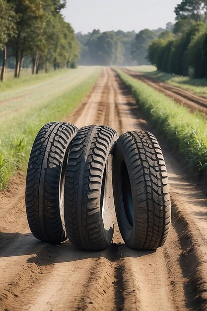 Foto traccia di terra in campagna con fila di pneumatici creati utilizzando la tecnologia generativa ai