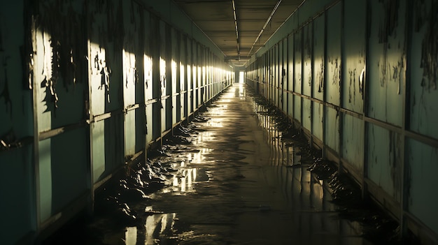 Dirty abandoned corridor with shabby walls and puddles illuminated by sunlight Horizontal photo