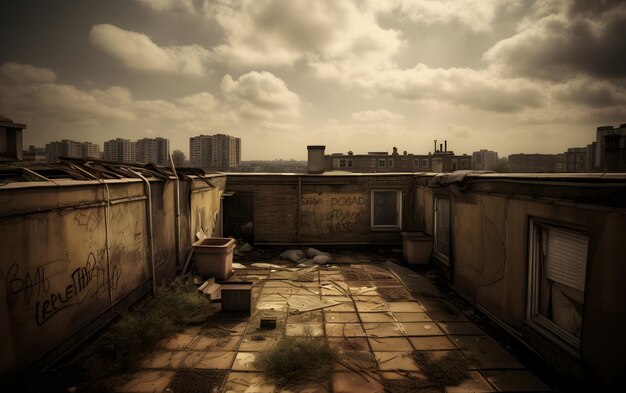 A dirty building with a toilet on the roof