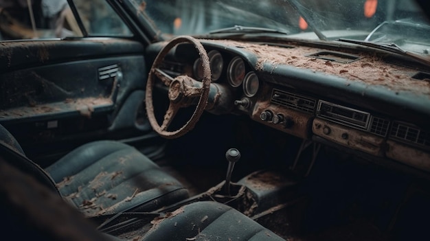 A dirty car in a dirty lot with the word car on the front.