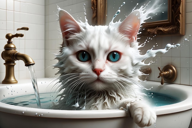 dirty cat washes itself in the bathroom