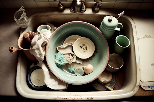 Dirty dishes in the kitchen sink illustration Generative AI