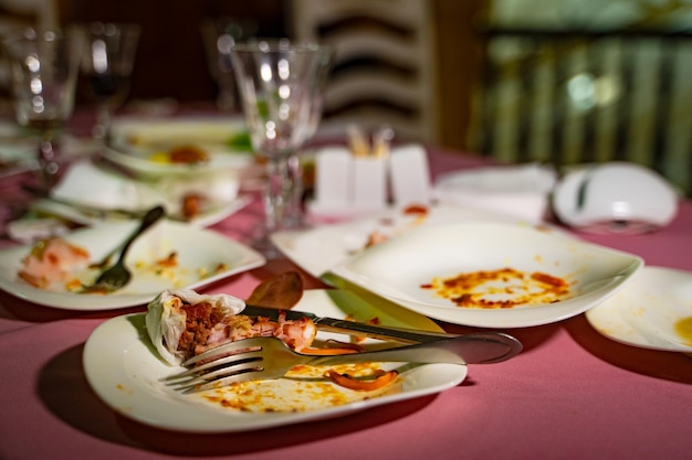 Dirty dishes on a table in a restaurant After eating