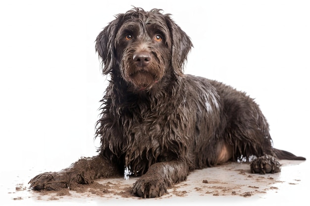 dirty dog covered in mud isolated on white