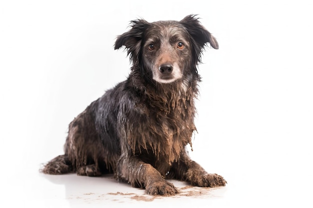 泥で覆われた汚い犬は白に隔離されています