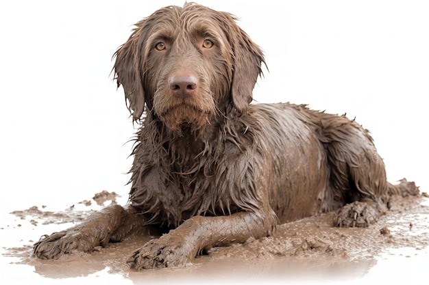 dirty dog covered in mud isolated on white