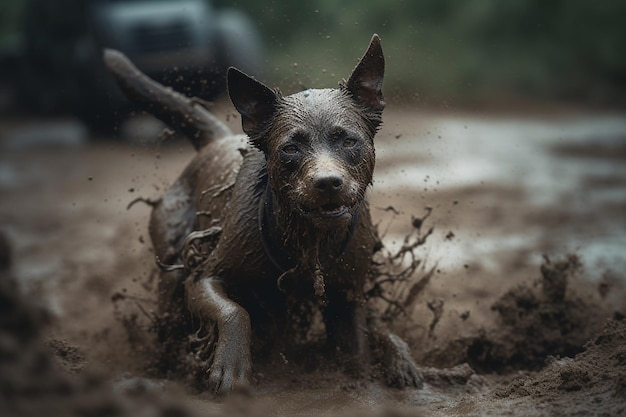 Dirty dog running and playing in the mud