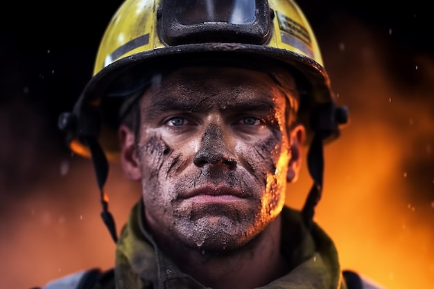 Dirty face of a male firefighter in a helmet