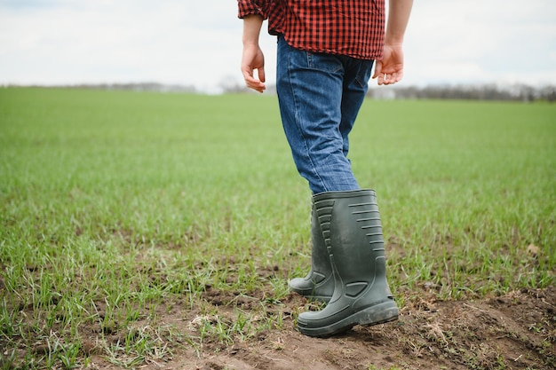 Dirty farmer's rubber boots walking on the field