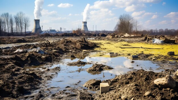 Фото Грязное поле с большим количеством грязи и дыма на заднем плане