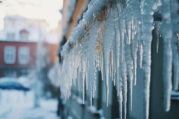 Dirty icicles hanging from rooftops in urban areas