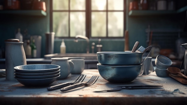 Dirty kitchen utensils Generative Ai