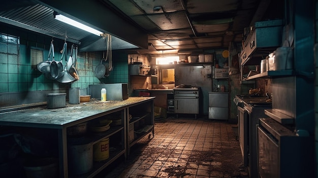 A dirty kitchen with a sign that says'dirty kitchen '