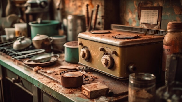 A dirty kitchen with a stove and a pan on the counter.