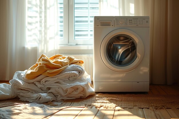 洗機のそばに汚れた洗物が積み重なっている 生成人工知能