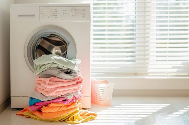 Dirty laundry piled up next to a washing machine Spring cleaning concept Generative AI