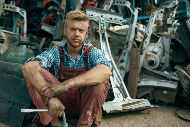 Riparatore maschio sporco con la chiave sulla discarica di auto. rottami di automobili, rifiuti di veicoli, rifiuti di automobili, trasporti abbandonati, danneggiati e frantumati